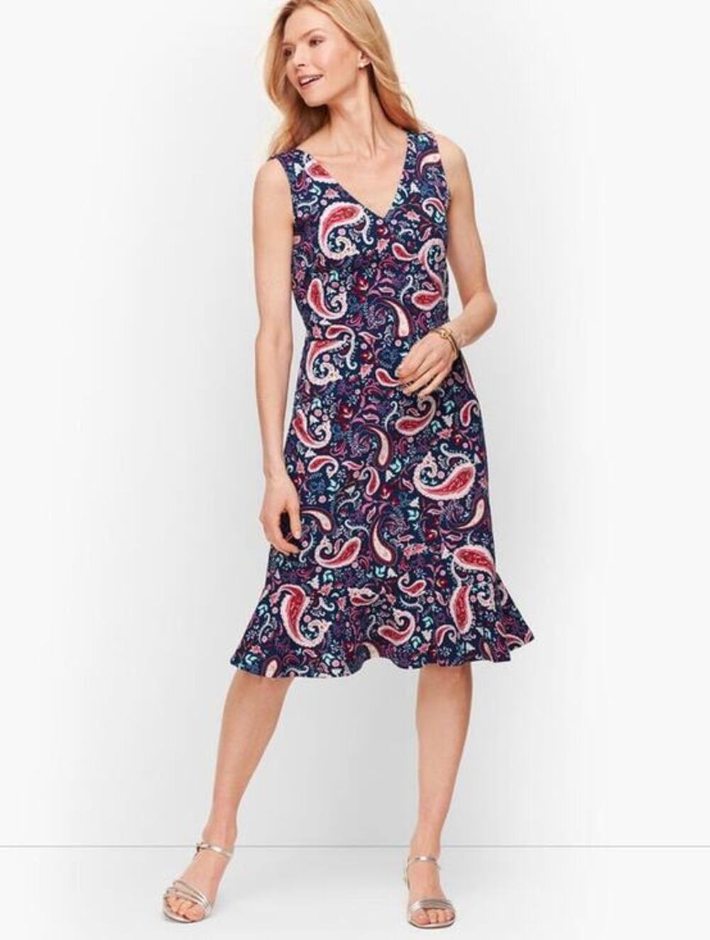 New Talbots FLOUNCE HEM FIT & FLARE sleeveless dress watercolor paisley medium